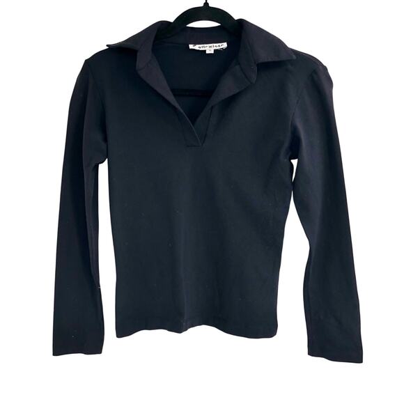 Collezione Black Collared Blouse Split Neck 100% Cotton Made in USA Stretch S - Picture 1 of 9